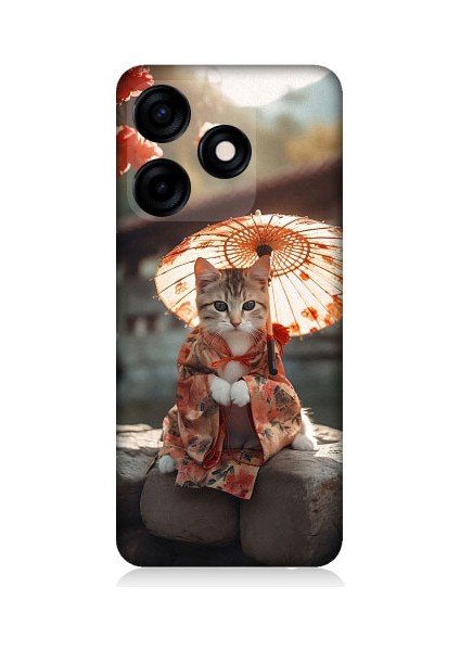 Tecno Spark 10C Uyumlu Geyşa Kıyafetli Kedi Desenli Silikon Kılıf
