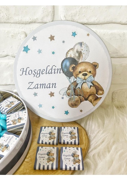 100 ADET+200GR Drajeli Lacivert Ayıcık Temalı Isme Özel Hoşgeldin Erkek Bebek Hediyelik Çikolata