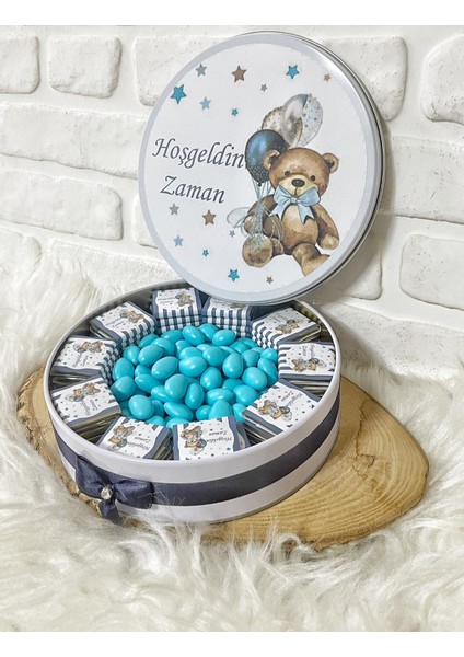 100 ADET+200GR Drajeli Lacivert Ayıcık Temalı Isme Özel Hoşgeldin Erkek Bebek Hediyelik Çikolata