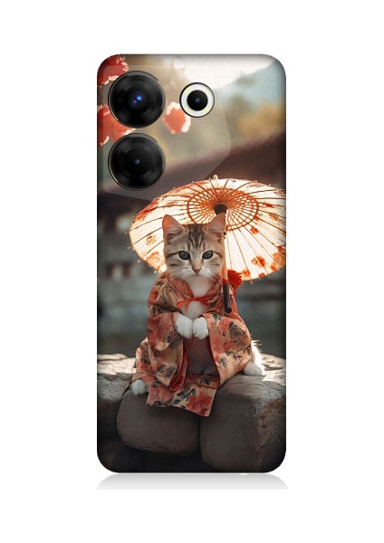 Tecno Camon 20 Pro 4g Uyumlu Geyşa Kıyafetli Kedi Desenli Silikon Kılıf