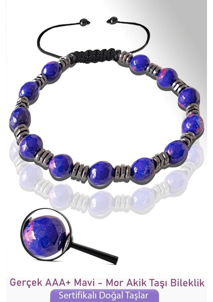 Sertifikalı Fasetli Gerçek Mavi Mor Akik Taşı Bileklik - Ayarlamalı