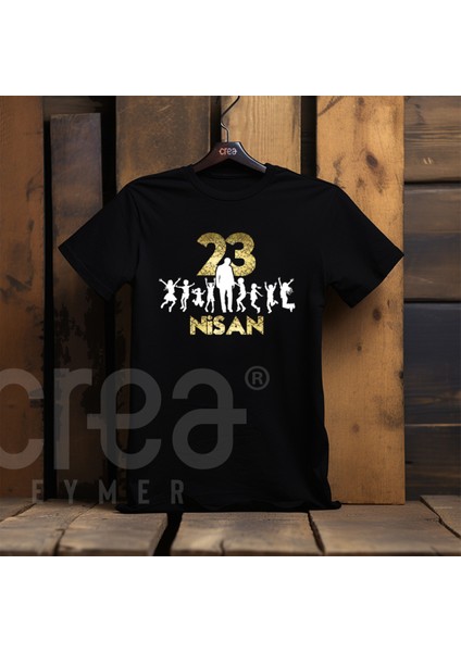 Crea Eymer Wear 23 Nisan Çocuk Bayramı Altın Varak Baskılı Premium Siyah Tişört