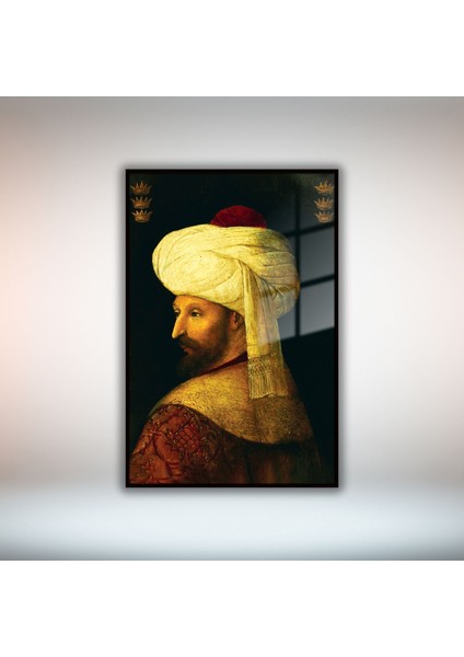 Metal Çerçeveli Temperli Cam Tablo Fatih Sultan Mehmet Portresi