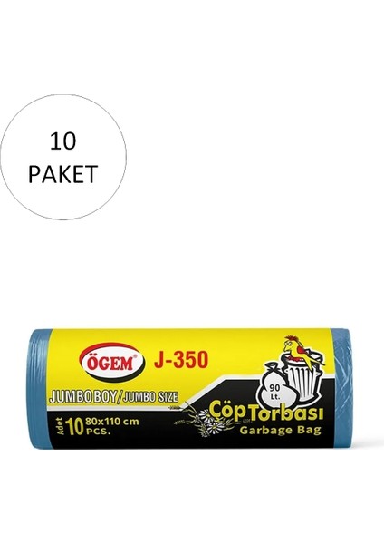 J-350 Jumbo Boy Çöp Torbası 80 x 110 cm 10 Lu Rulo x 10 Paket = 100 Adet (Mavi)