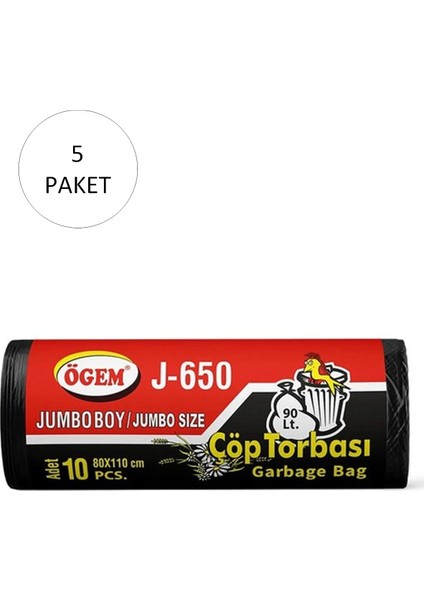 J-650 Jumbo Boy Çöp Torbası 80 x 110 cm 10 Lu Rulo x 5 Paket = 50 Adet (Siyah)