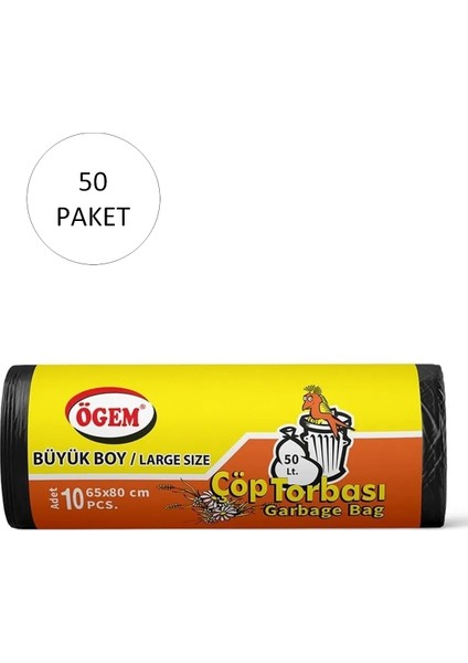 Büyük Boy Çöp Torbası 65 x 80 cm 10 Lu Rulo x 50 Paket = 500 Adet (Siyah)