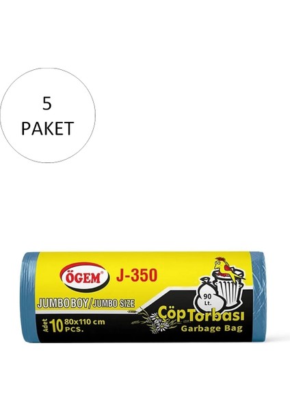 J-350 Jumbo Boy Çöp Torbası 80 x 110 cm 10 Lu Rulo x 5 Paket = 50 Adet (Mavi)