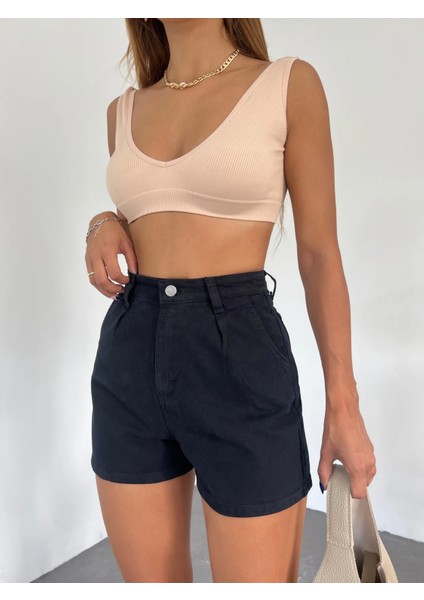 Çift Cepli Pileli Mini Denim Şort