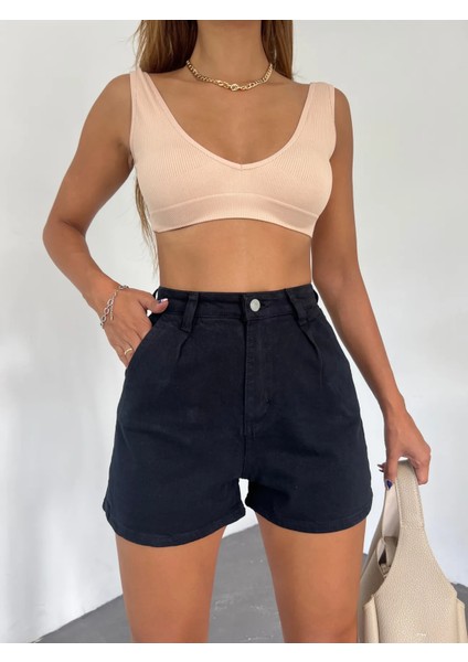 Çift Cepli Pileli Mini Denim Şort