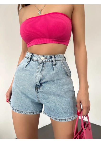 Çift Cepli Pileli Mini Denim Şort