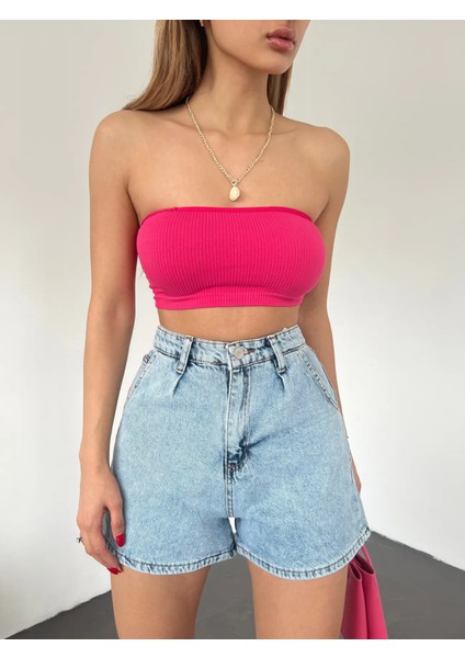 Çift Cepli Pileli Mini Denim Şort