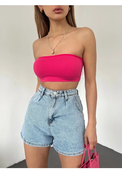 Çift Cepli Pileli Mini Denim Şort