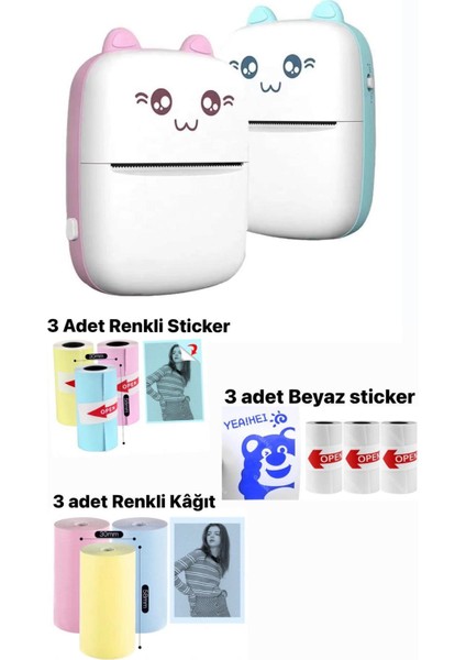 Mini Termal Taşınabilir Yazıcı Pembe, 3ADET Beyaz + 3ADET Renkli Sticker+ 3ADET Renkli Rulo