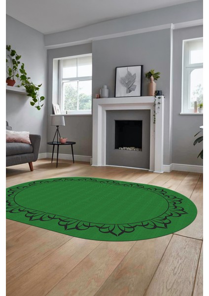 Klasik Hasır Desen Dijital Kaymaz Yıkanabilir Oval Yolluk Koridor Salon Halısı, O-18-Yeşil, indirimleri