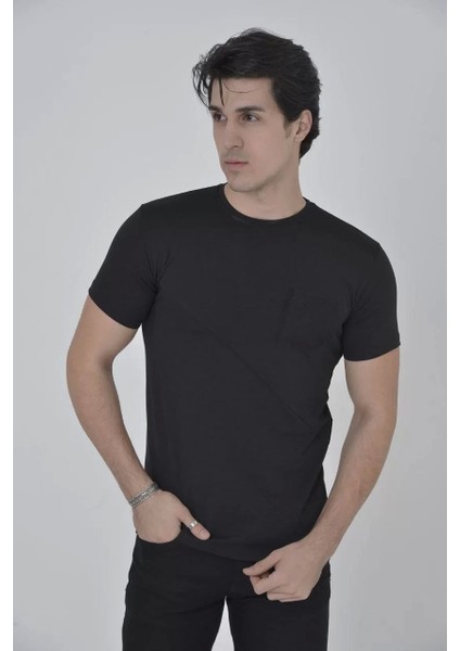 Erkek File Cepli Slim Fit T-Shirt - Siyah