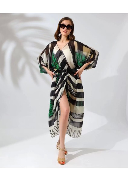 Kadın Rahat Kesim Kemerli Şifon Kimono - Yeşil modelleri