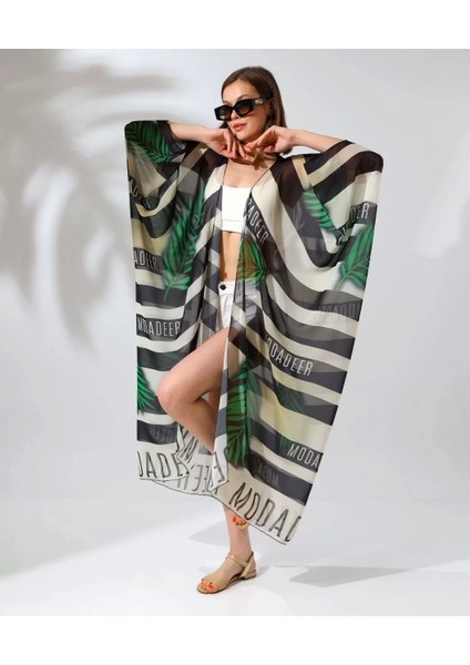 Kadın Rahat Kesim Kemerli Şifon Kimono - Yeşil fırsatları