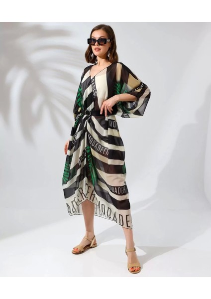 Kadın Rahat Kesim Kemerli Şifon Kimono - Yeşil indirimleri