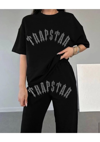 Unisex Taşlı T-Shirt Ve Eşofman Takımı - Siyah