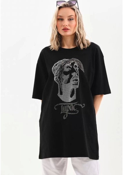 Unisex Taş Desenli Oversize T-Shirt - Siyah