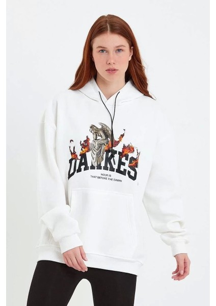 Kadın Dankes Baskılı Kapüşonlu Sweat - Beyaz