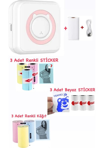 Mini Termal Taşınabilir Yazıcı Pembe, 3ADET Beyaz + 3ADET Renkli Sticker+ 3ADET Renkli Rulo