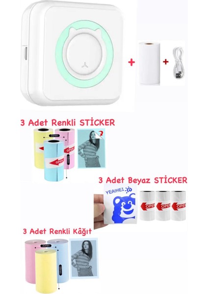 Mini Termal Taşınabilir Yazıcı Yeşil, 3ADET Beyaz + 3ADET Renkli Sticker+ 3ADET Renkli Rulo