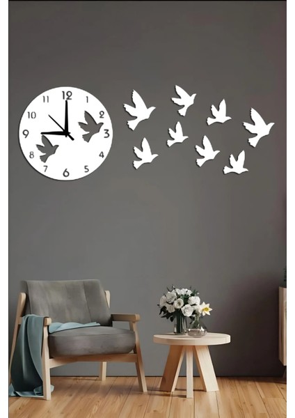 Kuş Tasarımlı Dekoratif Ahşap Duvar Saati 38X38