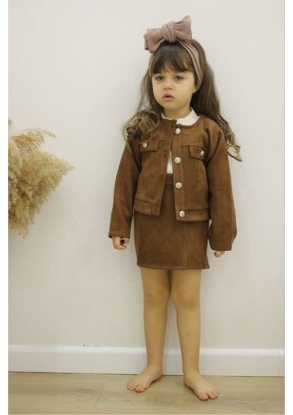 Kız Çocuk Süet Ceket Etek Bady Üç Parça Tarz Takım