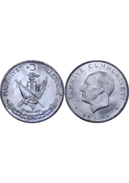 1960 Yılı Ihtilal Hakimiyet Milletindir Tedavül Gümüş 10 Lira Çil