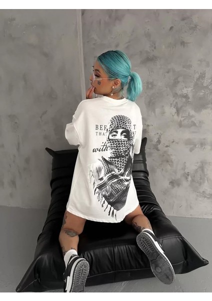 Stil Aura Unisex Baskılı Oversize T-Shirt - Beyaz