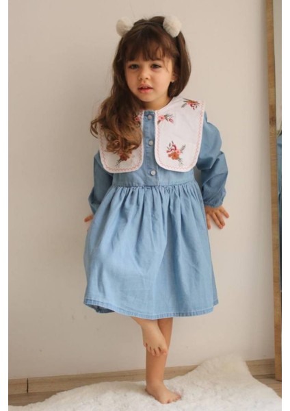 Kız Çocuk Çiçek Işlemeli Kot Elbise