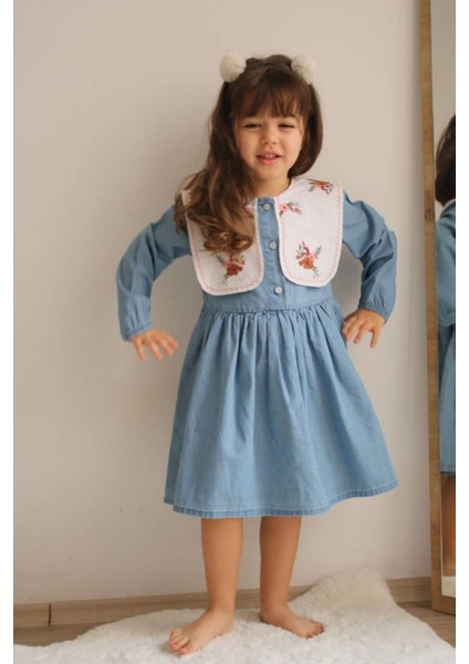 Kız Çocuk Çiçek Işlemeli Kot Elbise fiyatları