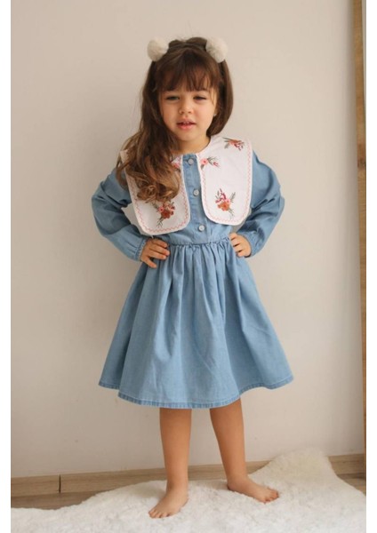 Kız Çocuk Çiçek Işlemeli Kot Elbise modelleri