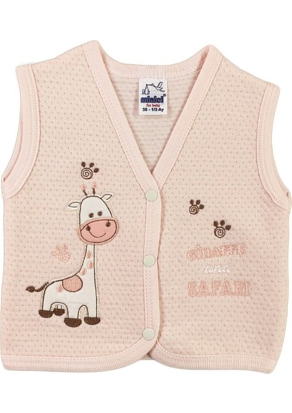 Kız Bebek Zürafa Nakışlı Organik Pamuklu 3-6-9 Ay Kapitone Bebek Yelek - Somon