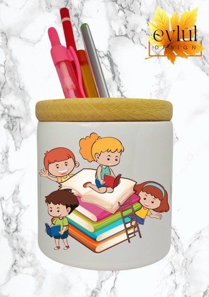 Çocuklar Için Baskılı Seramik Masaüstü Kalemlik Ahşap Detaylı Kalem Kutusu Doğum Günü Hediyesi