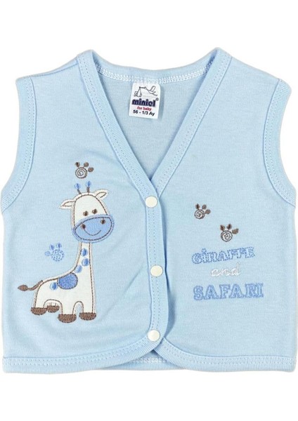 Erkek Bebek Zürafa Nakışlı Organik Pamuklu 3-6-9 Ay Penye Bebek Yelek - Mavi