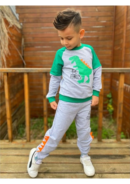 Dinozor Motif Ikiiplik Kumaş Çocuk Eşofman Mnk0564