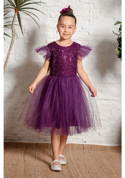 Küpeli Pul Payet Tüllü Kız Çocuk Elbise MNK0526