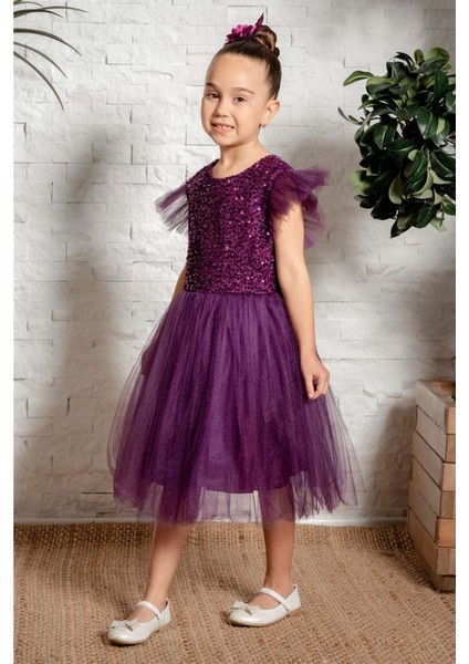 Küpeli Pul Payet Tüllü Kız Çocuk Elbise MNK0526 fiyatları