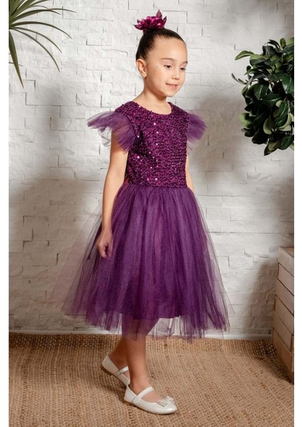 Küpeli Pul Payet Tüllü Kız Çocuk Elbise MNK0526 modelleri