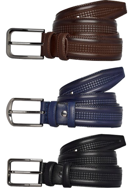 , 3'lü Set Siyah, Lacivert, Koyu Kahve Dikişli, Kumaş Pantolon Kemeri 3.5 Cm_ortabas