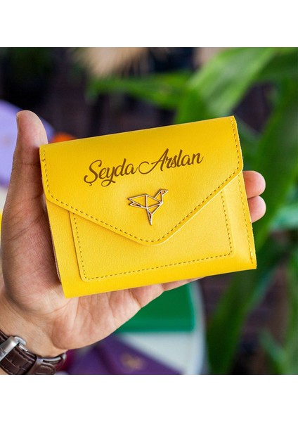 Gift Kişiye Özel Isimli Vegan Deri Mini Sarı Kadın Cüzdanı, Sevgiliye Hediye, Anneye Hediye, Arkadaşa Hediye
