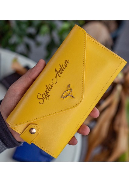 Gift Kişiye Özel Isimli Telefon ve Bozuk Para Bölmeli Zarf Model Sarı Kadın Cüzdanı, Sevgiliye Hediye, Anneye Hediye