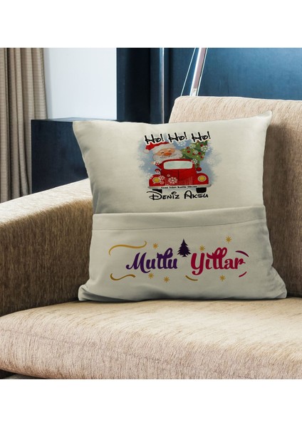 Kişiye Özel Yılbaşı Tasarımlı Organizer Kumanda ve Atıştırmalık Cepli Krem Kırlent Yastık, Yılbaşı Hediyesi- 8, Yeni Yıl Hediyeleri