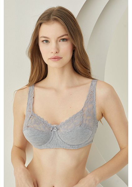 Gri Dantelli Balenli Penye Toparlayıcı Sütyen