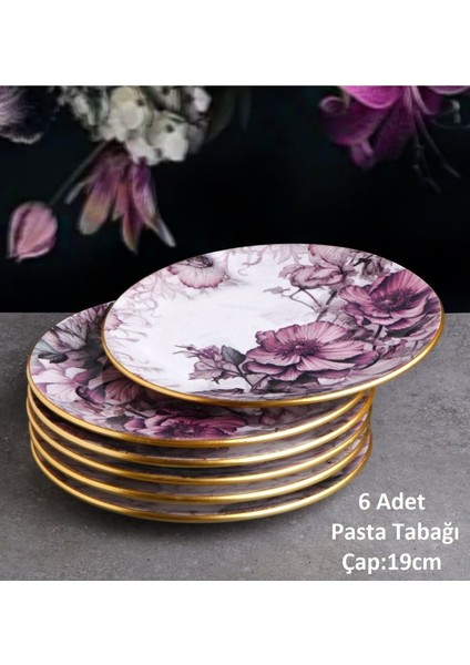 Mor Petunya 6 Kişilik Seramik Pasta Tatlı Sunum Tabağı Takımı Seti