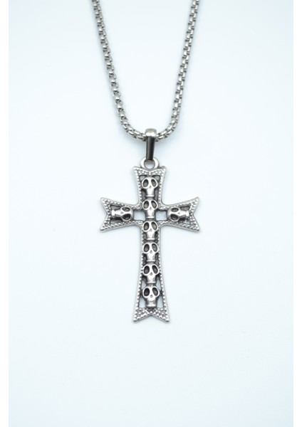 Kuru Kafalı Haç Örme Zincir Kolye