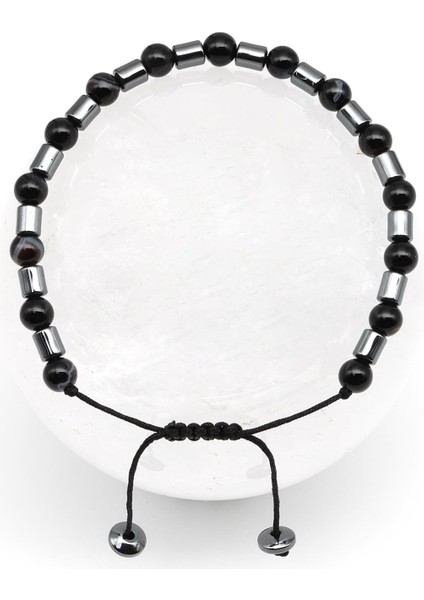 Oniks - Hematit Doğal Taş Makrome Örme Bileklik Küre Kesim