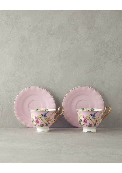 Vanilla New Bone China 4 Parça 2 Kişilik Çay Fincanı Takımı Açık Pembe